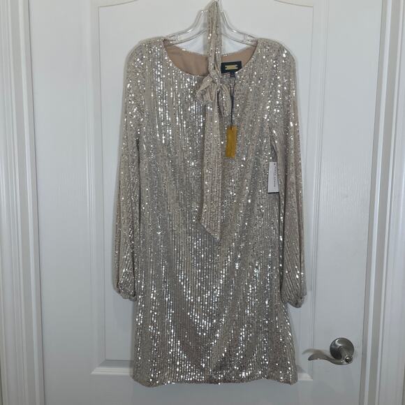 Alexia Admor Val Sequined Shift Dress Silver Mini Long Sleeve Belt Cocktail L - Picture 3 of 8